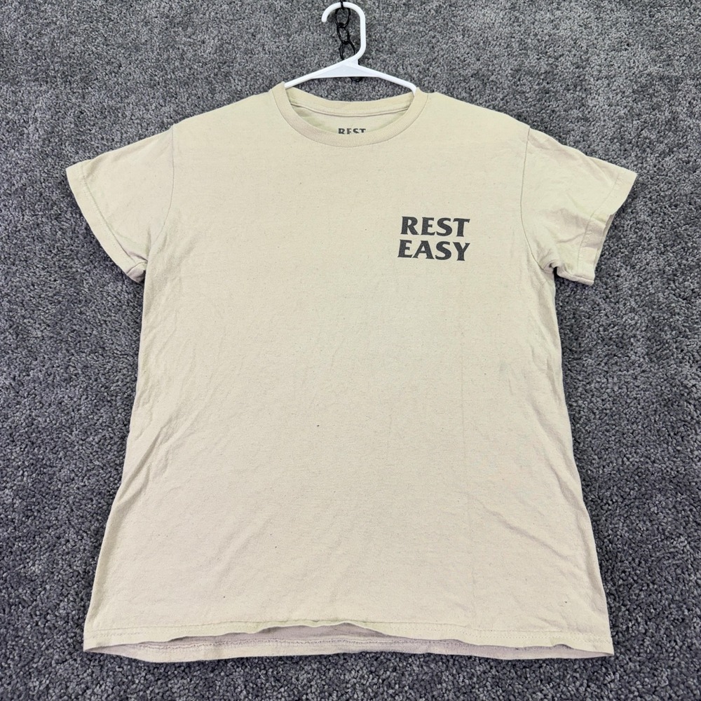 Rest Easy Shirt Mens Small Beige No Bad Vibes Tiki Graphic Tee Hawaiian Beach
